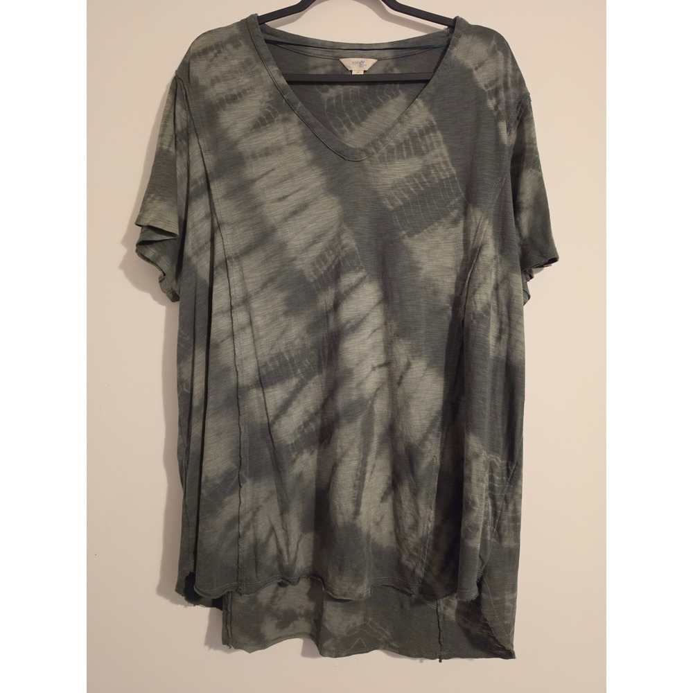 Terra & Sky T-Shirt Womens 2X Green Cotton Rayon Tie Dye V-Neck Boho Casual Top